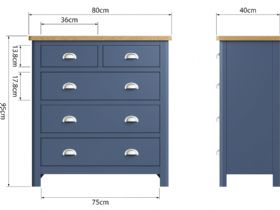 Broad way 2 over 3 chest of drawers in blue with oak tops