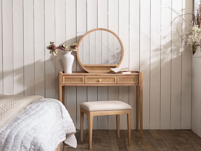 Java oak woven dressing vanity stool available at Lee Longlnads