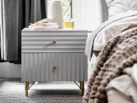 Amari white striped linear bedside table available at Lee Longlands