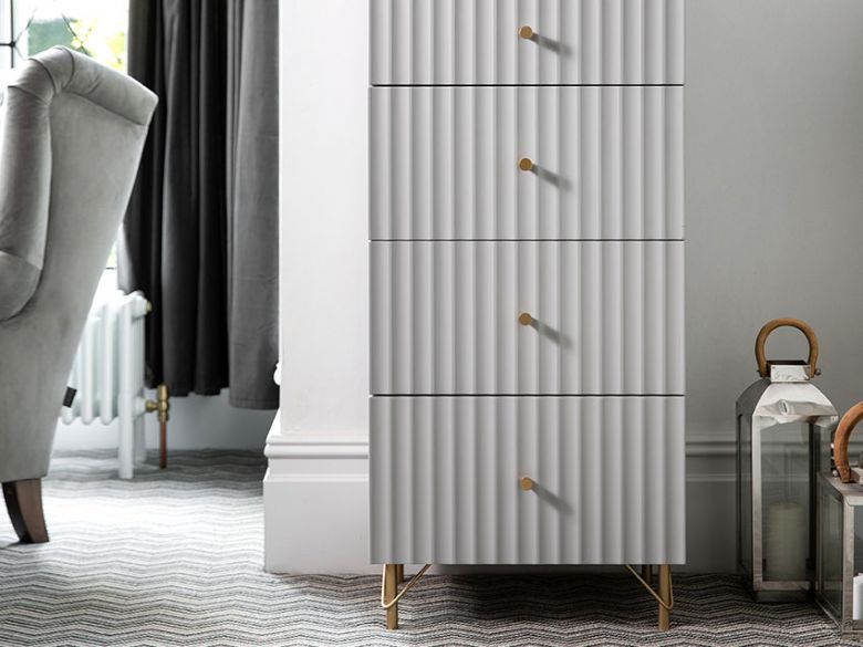 Amari white striped 5 chest of drawers available at Lee Longlands