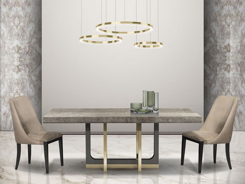 Ezra Stone and Brass dining table available at Lee Longlands