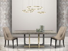 Ezra Stone and Brass dining table available at Lee Longlands