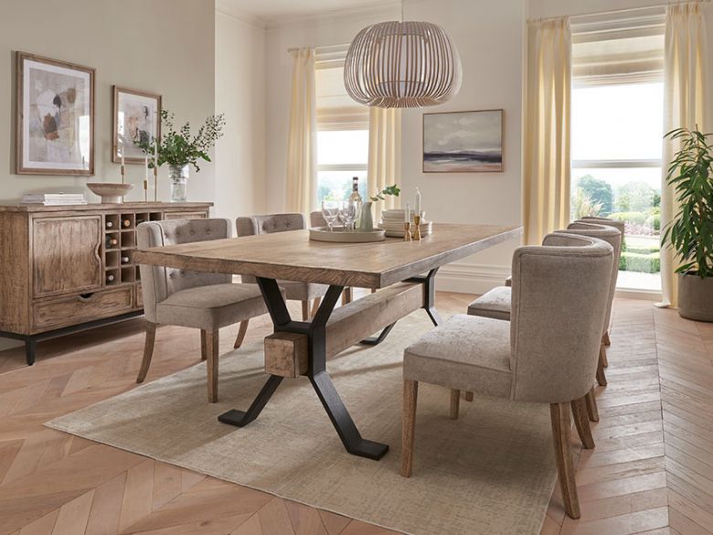 Davos reclaimed pine and iron dining table available at Lee Longlands