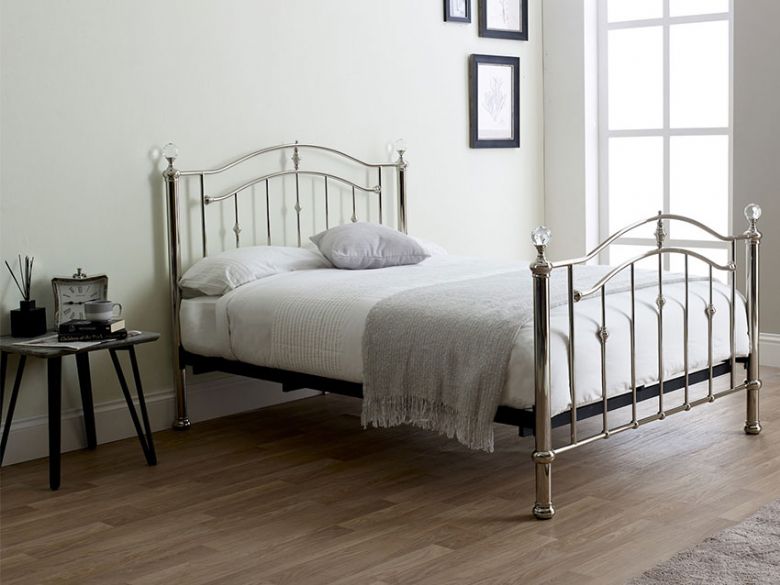Callie 4'6 crystal finials chrome finish bedframe available at Lee Longlands