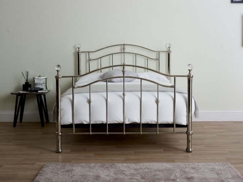 Callie 4'6 crystal finials chrome finish bedframe available at Lee Longlands