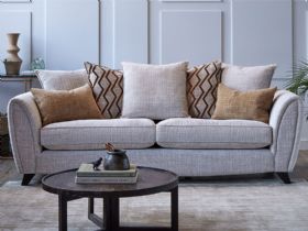 Lola 2 seater pillow back sofa in grey textured fabric available at lee longlands