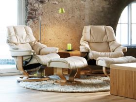 Stressless Reno Cream Leather Chair and Stool with Classic Base