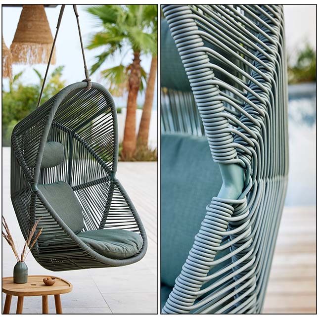 Hive Hanging Chair by Caneline on Beach Front with Sunset