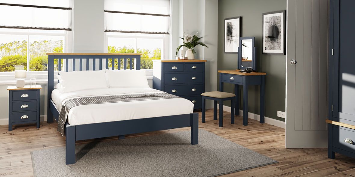 Broadway bedroom collection, with oak tops and blue painted finish